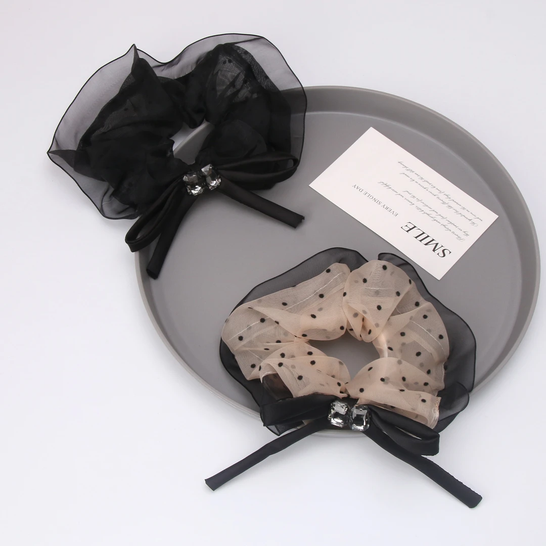 高级感蕾丝网纱蝴蝶结发绳飘带小众闪钻头花大肠圈扎头发圈发饰女