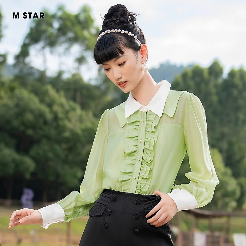 M-Star春季新款polo领荷叶边莱赛尔长袖衬衫女气质休闲SFES112633