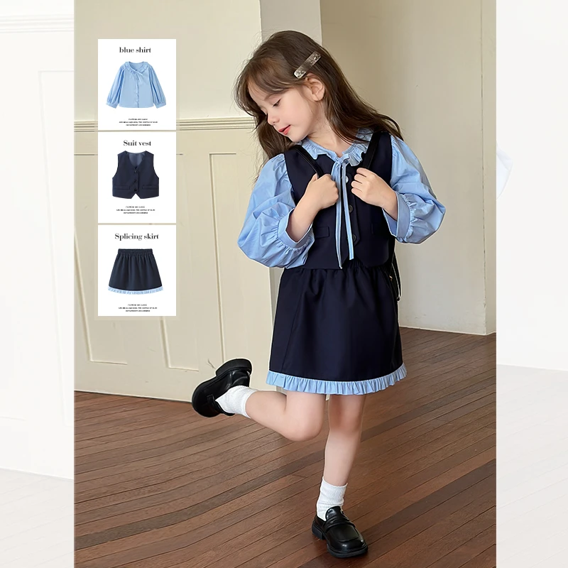 SKF2420女童韩版洋气学院风衬衫套装秋装新款儿童休闲马甲半身裙
