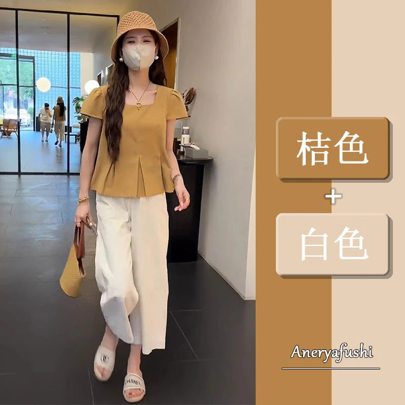 今年流行的夏装套装设计感显瘦短袖衬衫高腰休闲阔腿裤减龄两件套