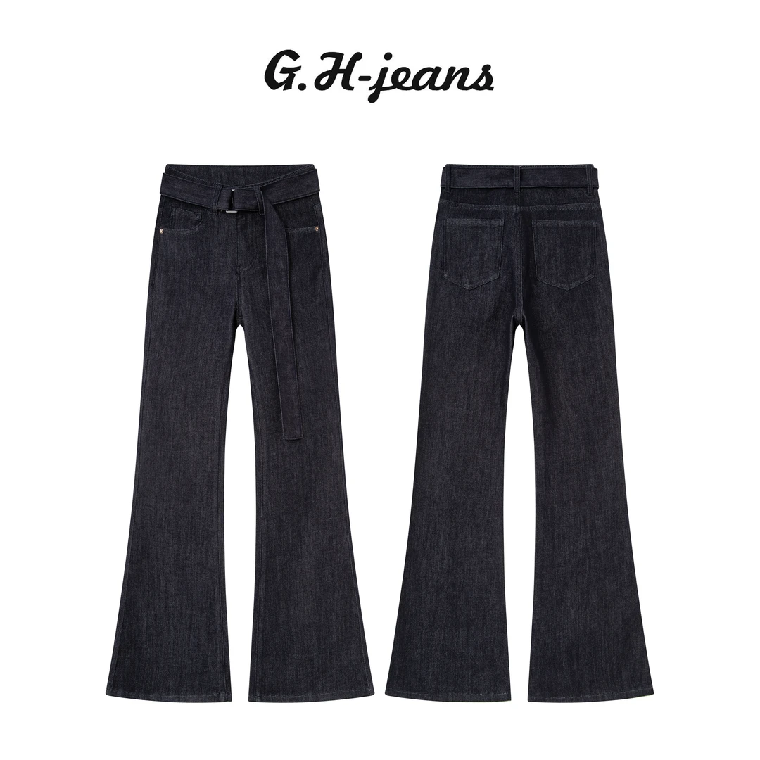 【G.H】夏季薄款丹宁湛蓝时尚腰带设计师款中高腰不掉色微喇牛仔裤