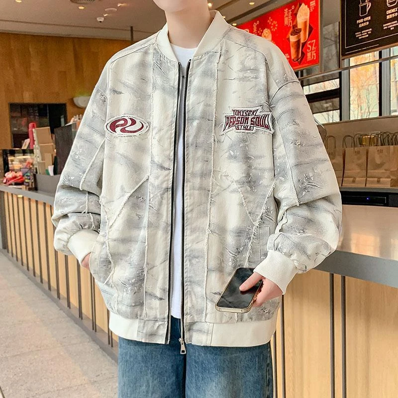 FAVMARTHA美式棒球服男春秋季牛仔外套扎染潮牌上衣青少年痞帅气