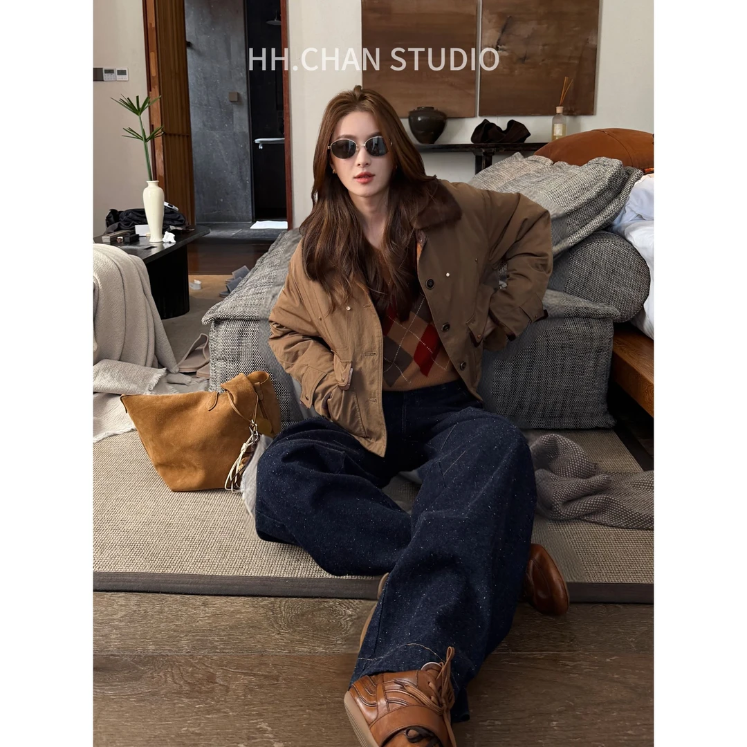 HH.CHAN“新贵派克”A级高定水貂90白鹅绒派克咖棕外套HH53Q39304