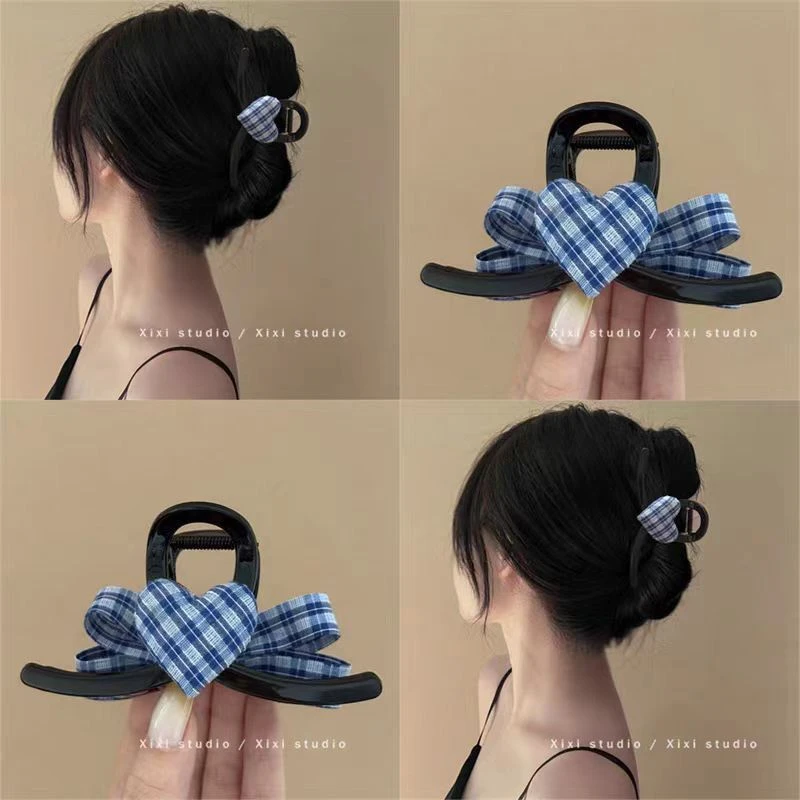藏蓝色格纹爱心抓夹韩版时尚发饰2025新款后脑勺盘发夹大号鲨鱼夹