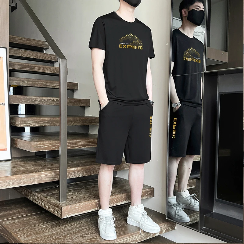 派步伦夏季男短袖短裤套装休闲运动冰丝套装潮流穿搭高级感痞帅