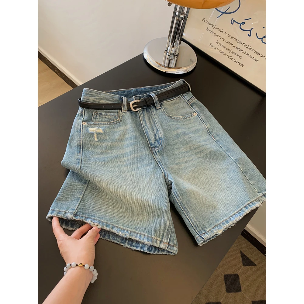 复古蓝色五分牛仔短裤女2025夏季新款高腰a字显瘦设计百搭热裤子