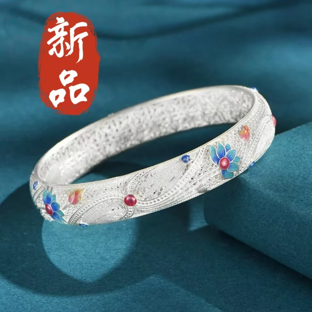 足银手镯 57号-古法仙仙镂空莲花【闭口】手镯