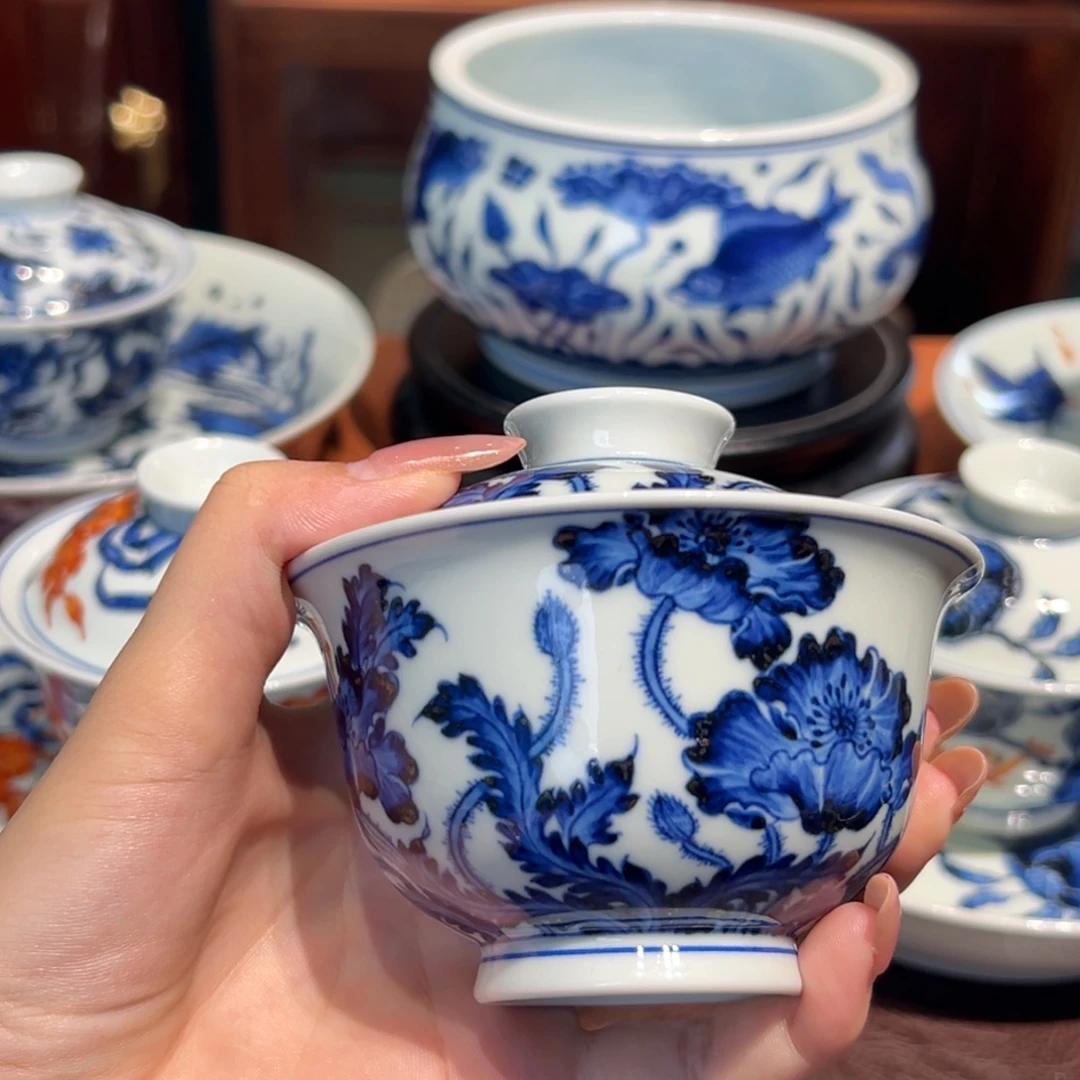 青花雯华堂手绘盖碗