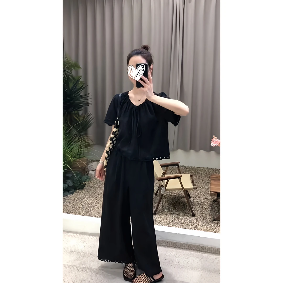 森系复古镂空刺绣度假感廓形系带上衣+显瘦时尚气质阔腿裤套装女