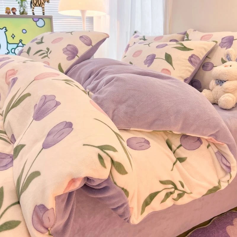 小清新加厚牛奶绒四件套加绒双面秋冬季保暖被套床单人床上三件套