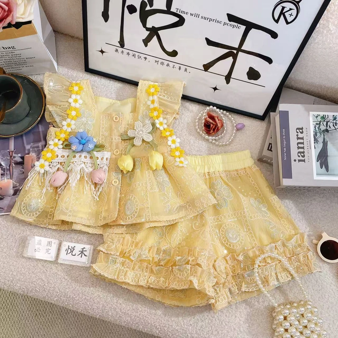 T3女童重工韩版时尚夏季新款女宝黄色小飞袖洋气儿童套装80249