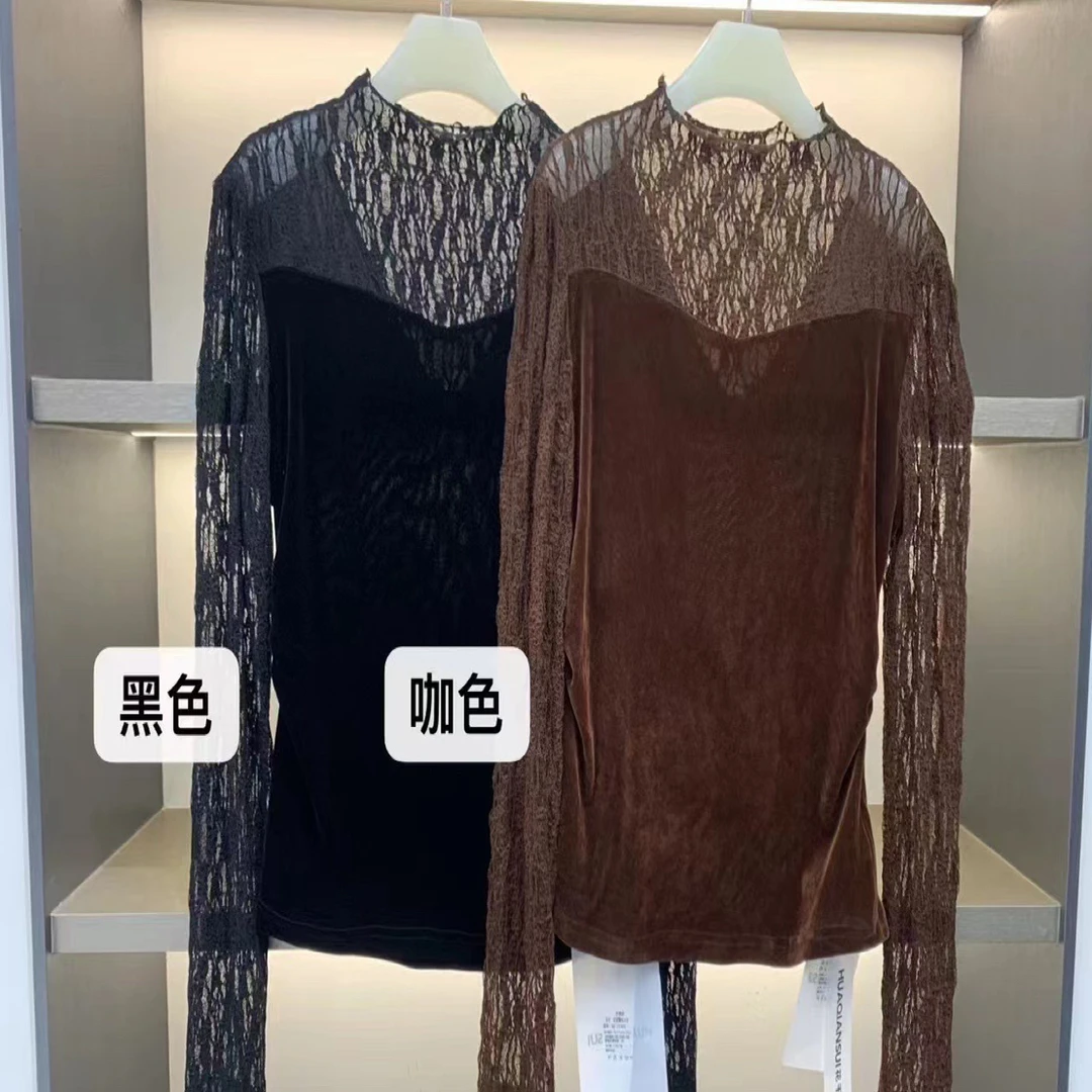 法式长袖拼接蕾丝宽松型圆领T恤修身型抗起球常规款12028Rs