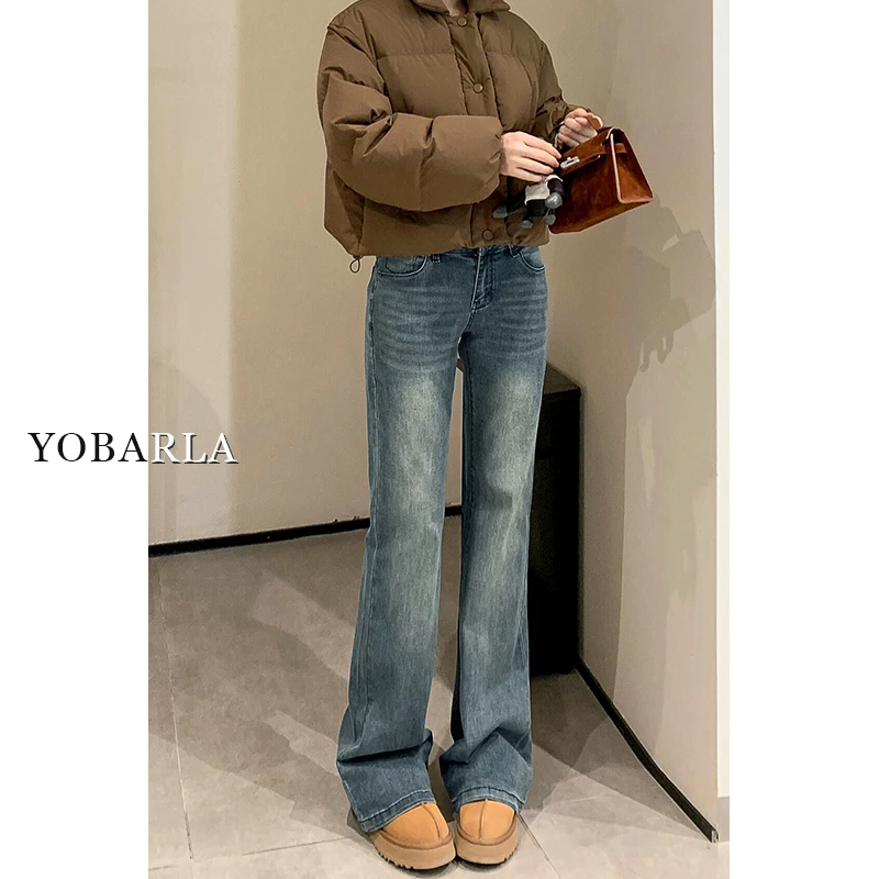 复古蓝直筒牛仔裤女冬季加绒大码胖mm高腰遮肉显瘦微喇马蹄裤子