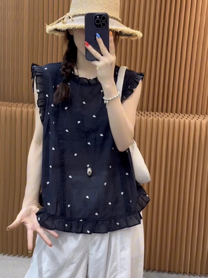 欧洲站2025年夏季新款时尚甜美爱心木耳边无袖衬衫女圆领褶皱小衫