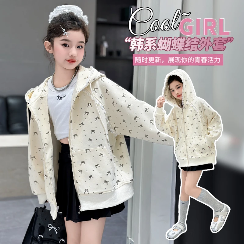 女童秋外套2025新款秋冬中大童洋气网红韩版蝴蝶结印花连帽棒球服