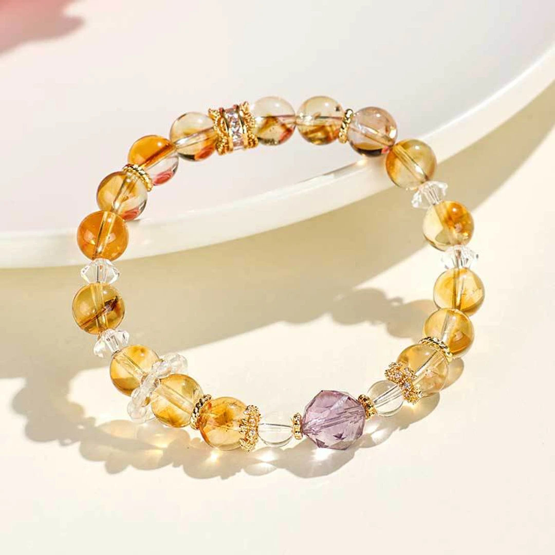 【金轩】天然水晶黄塔晶紫水晶刻面8mm女士手串可伸缩调节单圈手串