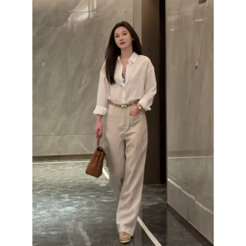2025早秋新款韩系穿搭翻领修身长袖衬衫上衣气质高腰显瘦阔腿长裤