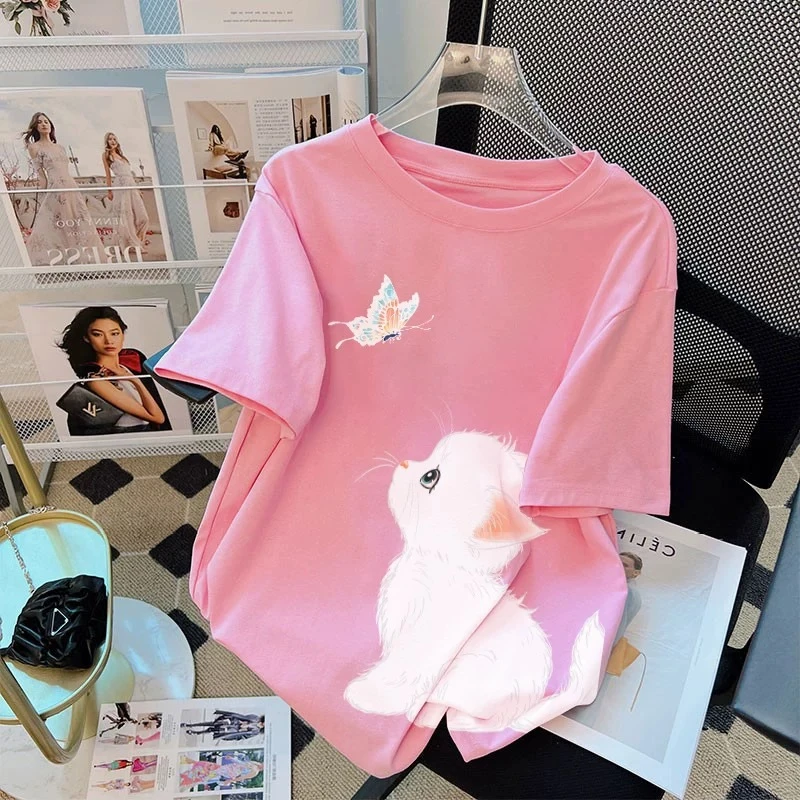 粉色纯棉短袖t恤女2025夏季新款爆款宽松设计感小个子夏天上衣服