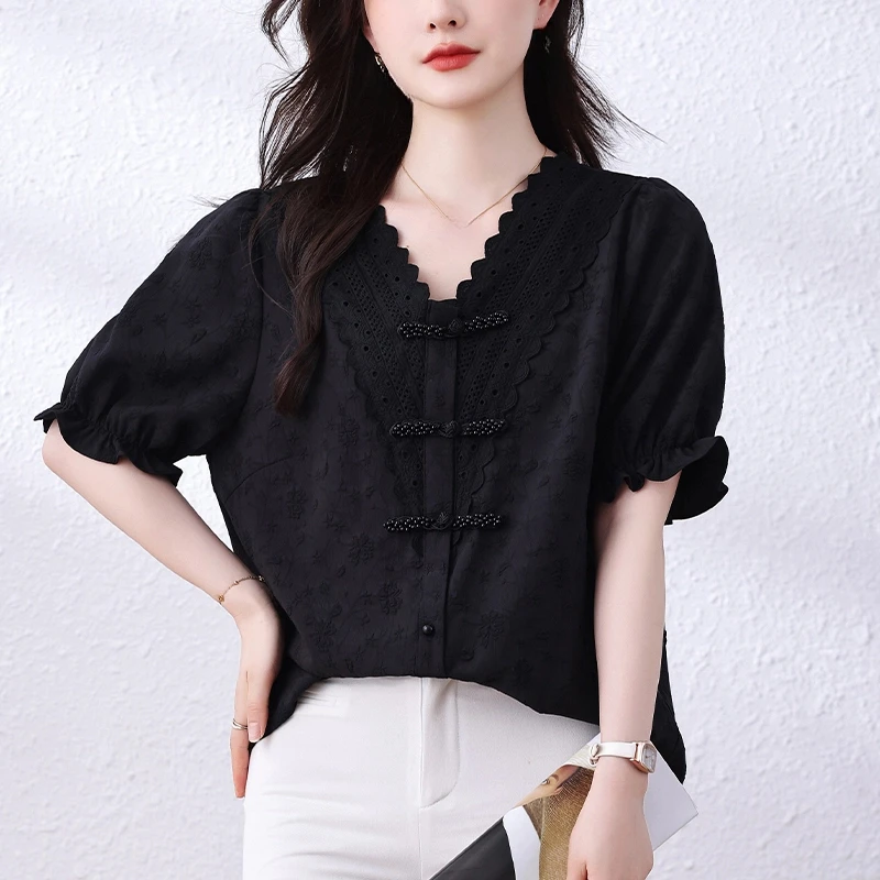 复古蕾丝衬衫女2025夏季新款大码胖mm宽松遮肚显瘦气质上衣女