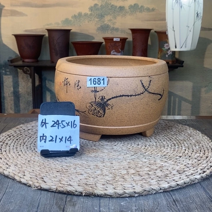 花盆紫砂  柴烧鱼趣刻绘大鼓1681