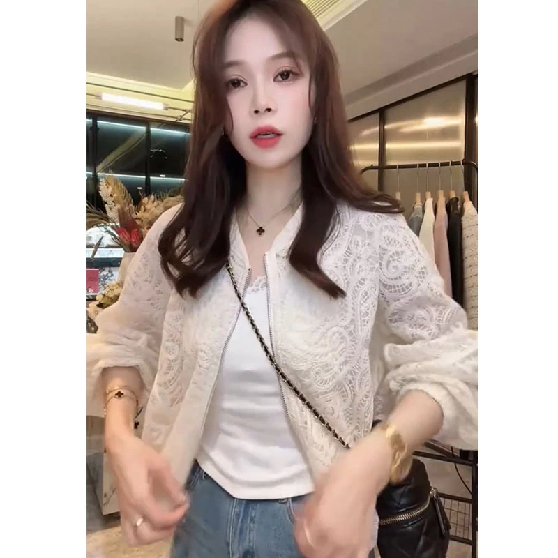 韩系洋气设计感外套女款春2025新款下摆收腰抽绳气质镂空蕾丝上衣