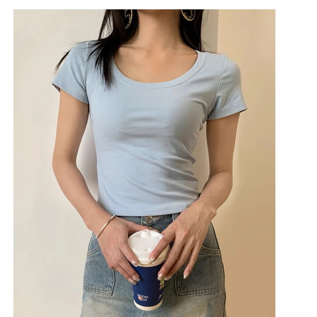 2025春夏季新款高腰正肩露肚脐u领简约修身蓝色短款上衣短袖t恤女
