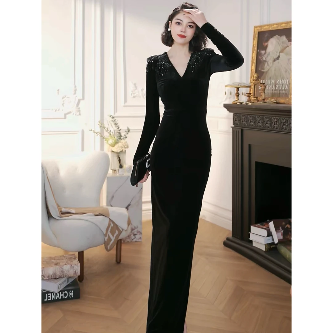 XUANYAN 轻奢钉珠修身优雅收腰气质显瘦长款连衣裙