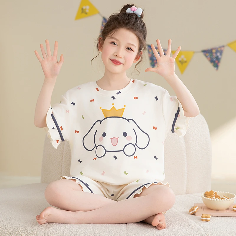 2025新款女童睡衣夏季薄款纯棉短袖可爱玉桂狗儿童女孩大童家居服
