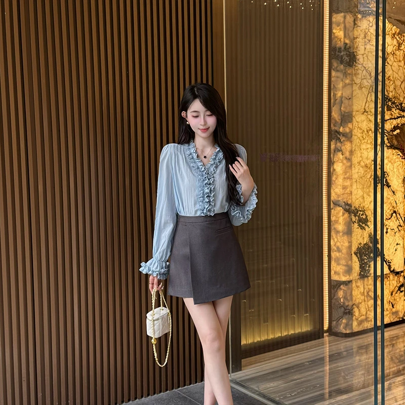 YUANLIANSU/圆脸酥【青山无序】温柔风木耳边蓝色衬衫+半身裙两件套