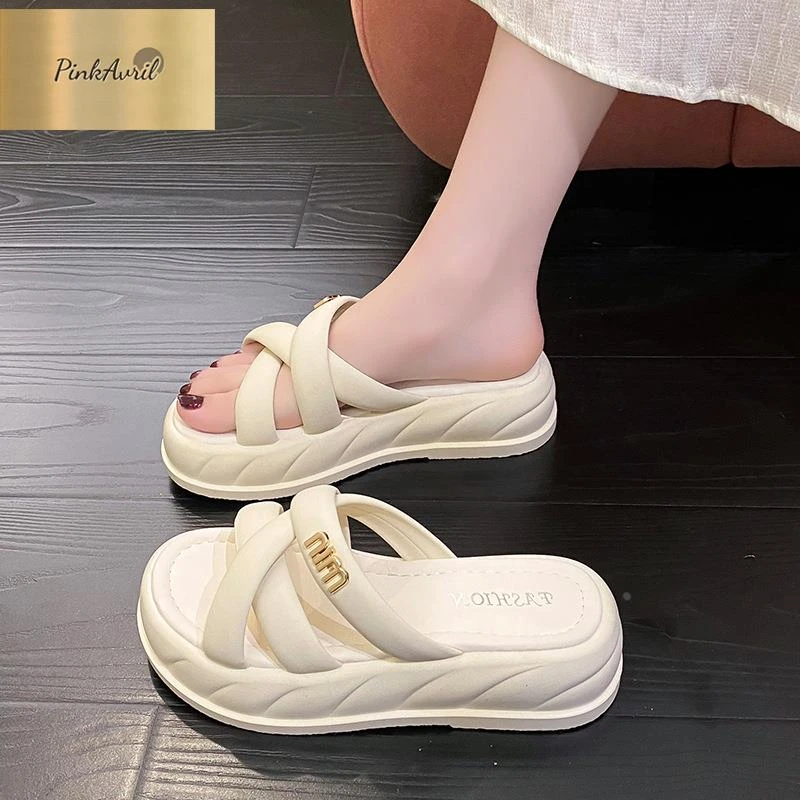 PinkAvril小女外夏感一字百搭防滑厚底时尚拖沙滩拖凉2025新款众