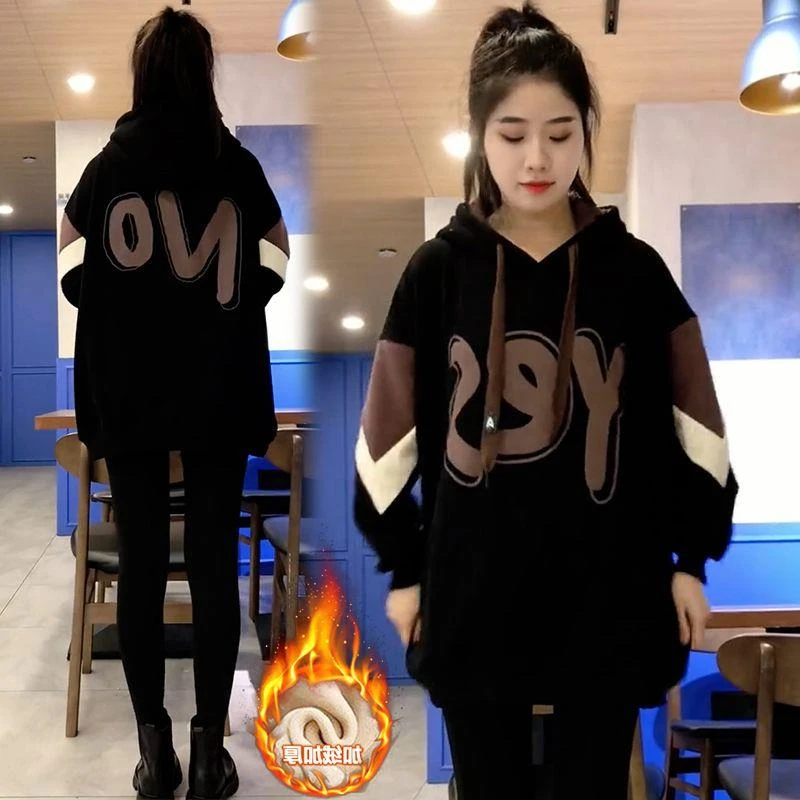 加绒加厚时尚字母连帽卫衣女2025秋冬季新款宽松韩版百搭休闲上衣