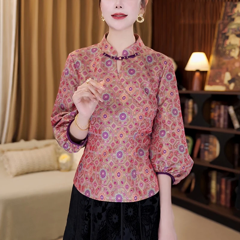 高端宋锦新中式上衣女装七分袖小衫秋季新款立领国风印花人丝衬衫