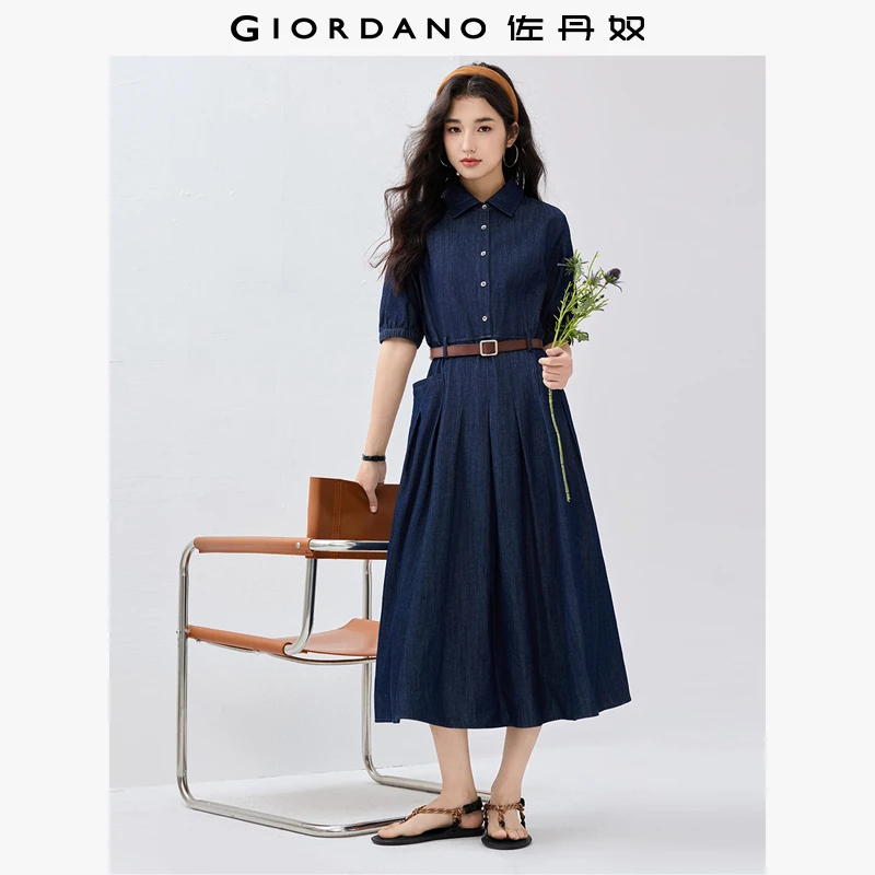 佐丹奴裙子女装春季新款压褶翻领半开襟中袖牛仔连衣裙 18465506