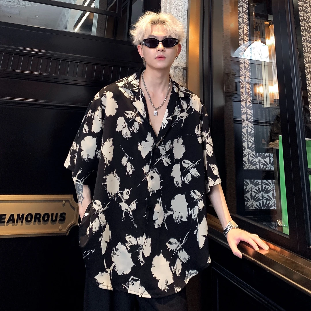 夏季痞帅短袖夏威夷沙滩复古感短袖美式休闲冰丝男衬衣潮牌花衬衫