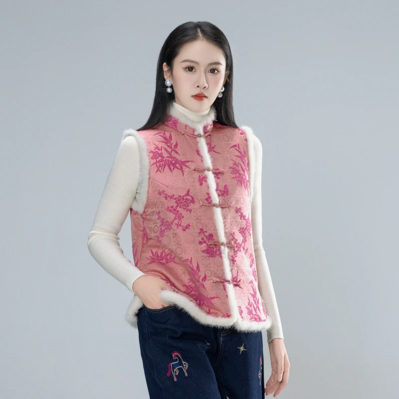 青娘子（善竹）暗纹提花慵懒风气质中式国风减龄显瘦驼绒马甲61028