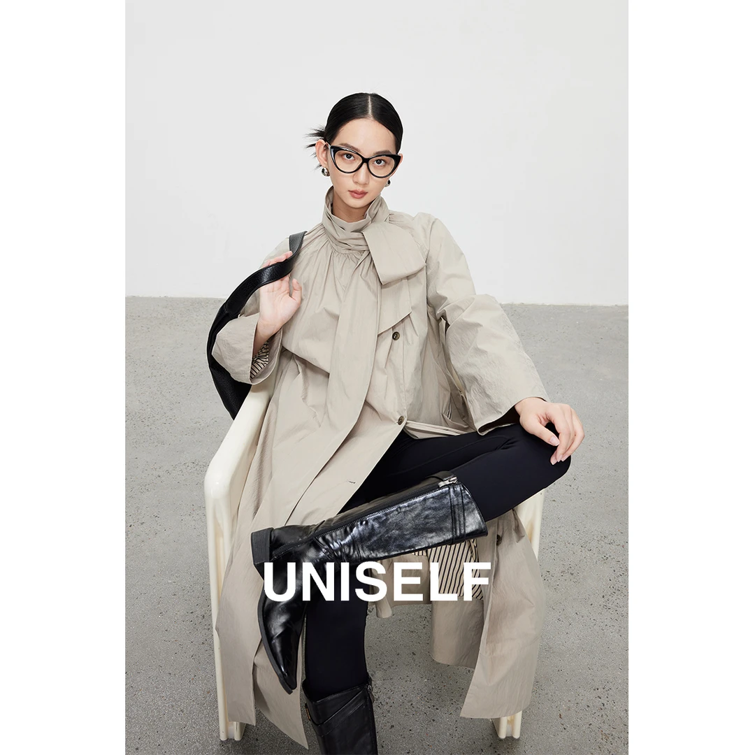 UNISELF都市浪漫立领肌理感风衣轻奢2025法式绑带外套100621