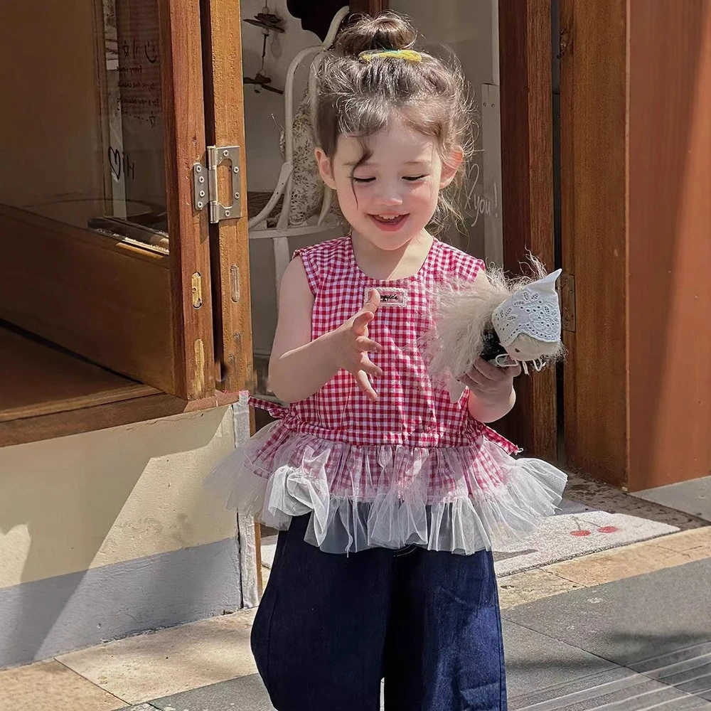 女童套装2025夏季新款儿童韩系网纱花边背心娃娃衫宝宝牛仔阔腿裤