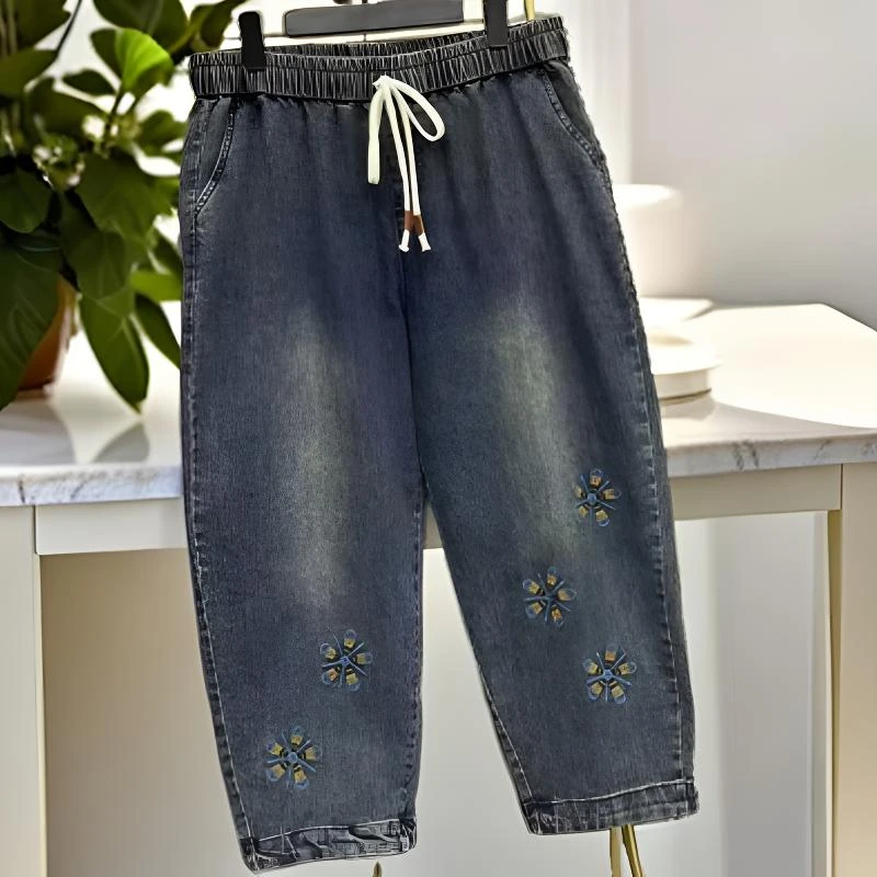 260-300斤 裤长88 九分刺绣高弹牛仔裤