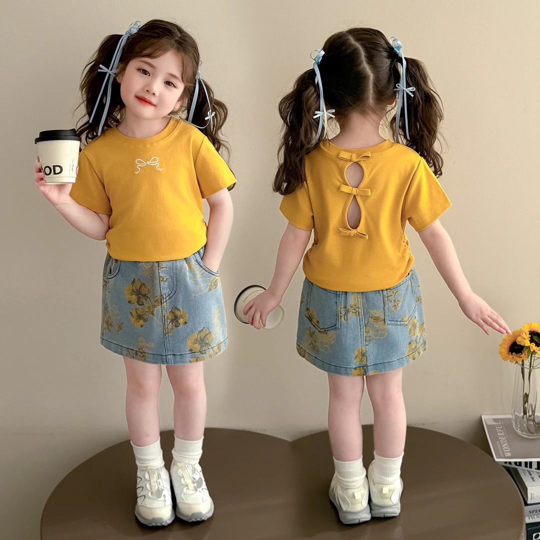 女童时髦洋气蝴蝶结牛仔裙套装2025新款儿童夏季女宝宝韩版两件套