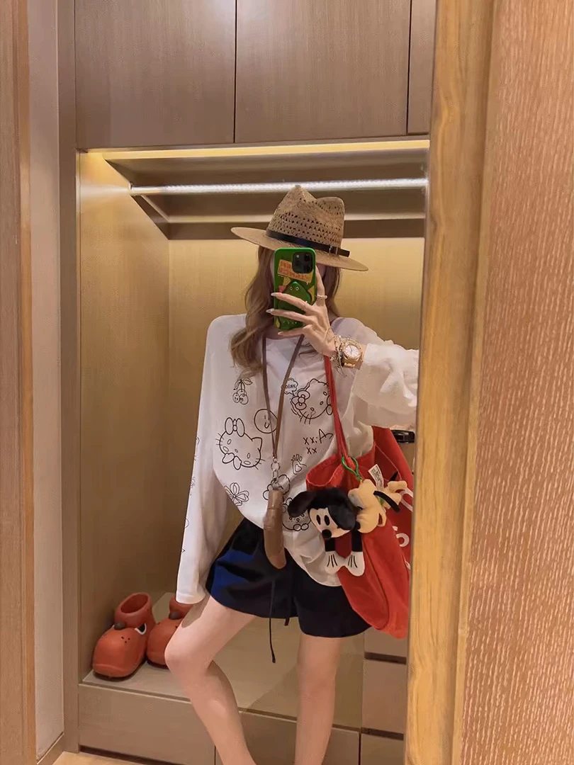 韩国东大门夏季新款卡通印花薄款宽松长袖T恤女斜领上衣潮