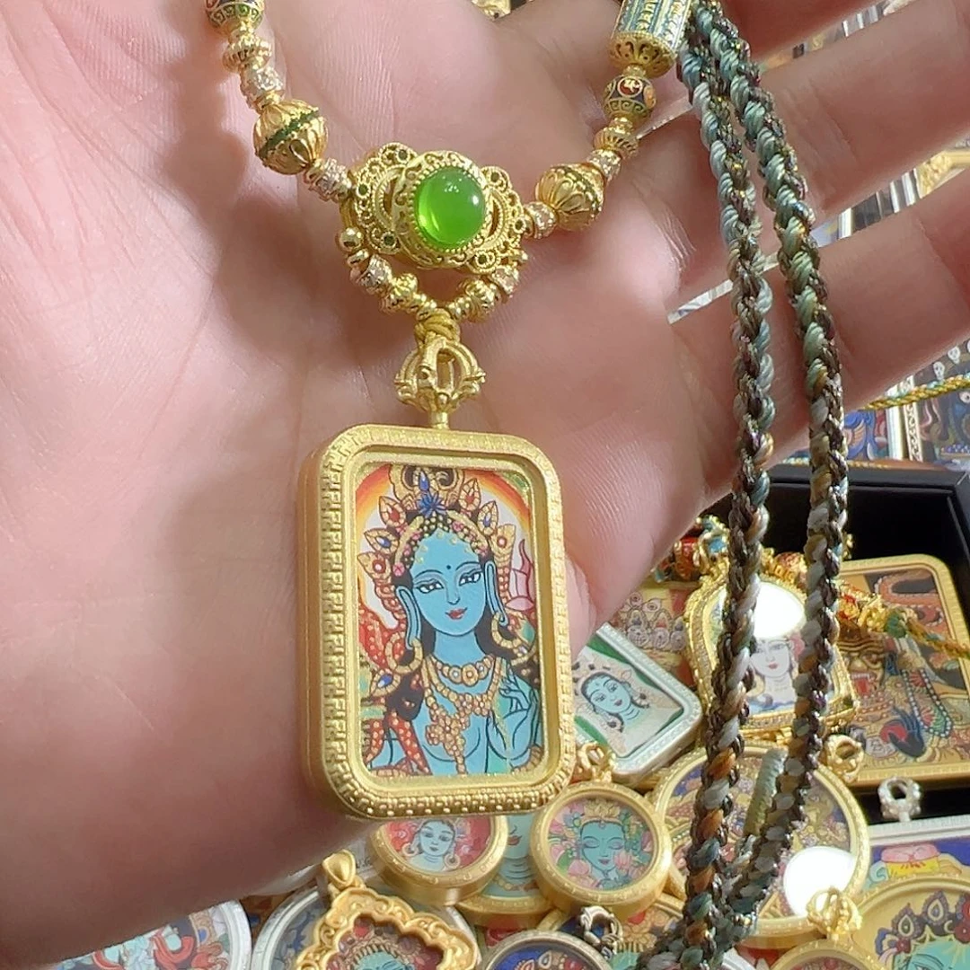 吊坠纯手绘唐卡十三绿度姆