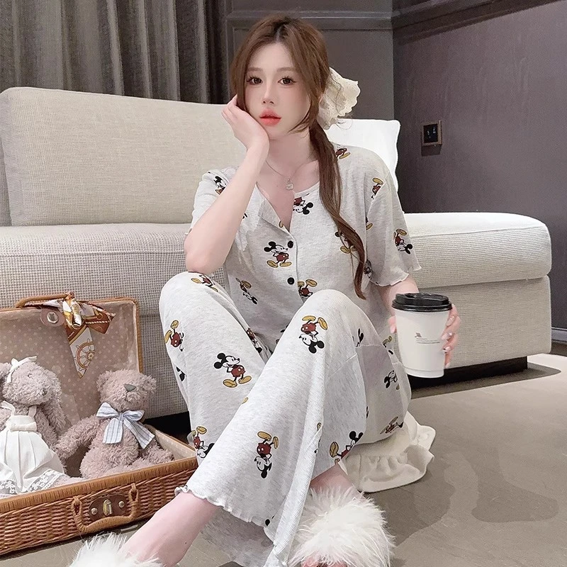 莫代尔睡衣女夏季女韩系米奇短袖长裤短裤带胸垫可外穿家居服套装