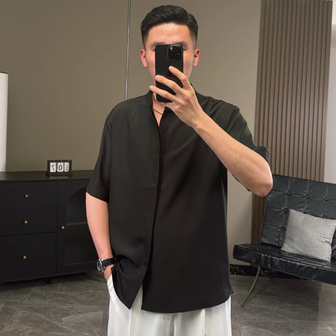 夏季新款男士驱蚊香薰系列小立领宽松凉感透气纯色设计感百搭衬衣