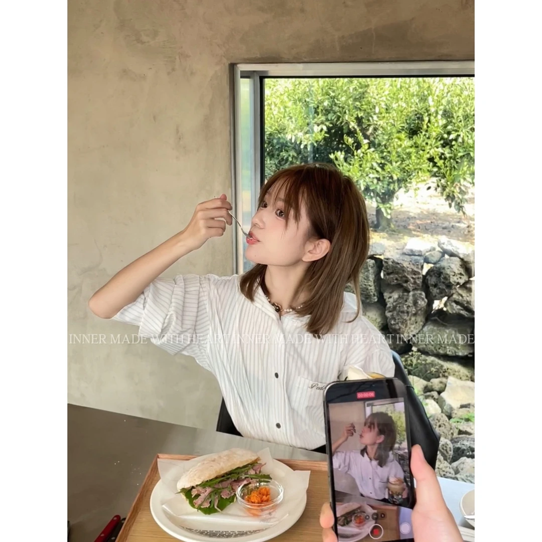 尹小乐INNER【小岛微风】秋季日常通勤小个子条纹内搭气质小众衬衫