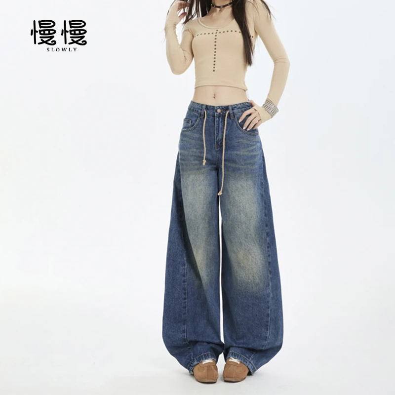 复古美式水洗百搭阔腿裤高腰显瘦宽松设计感结构自然弯刀拖地裤