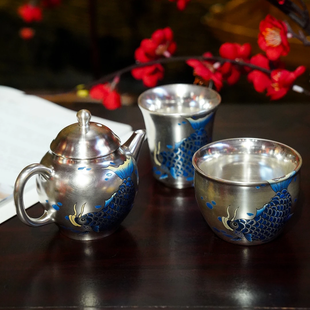 【本尼家】JT13轻奢鎏银龙鱼款创意茶壶茶杯功夫茶具茶台桌面摆件