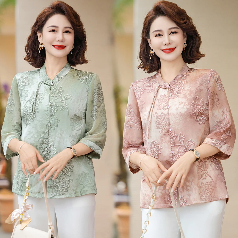 妈妈装夏季2025新气质衬衣衬衫中年妇女高贵上衣夏季七分袖洋气