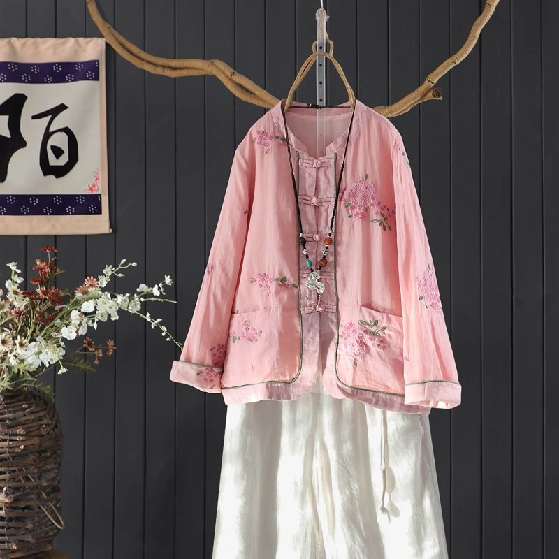 春季100支细苎麻双层茶服上衣女文艺新中式宽松刺绣衬衫改良汉服