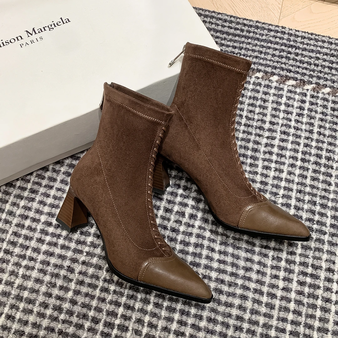 范戈希跟高7尖头百搭时装靴女靴短靴防滑软底网红法式秋冬买1赠3