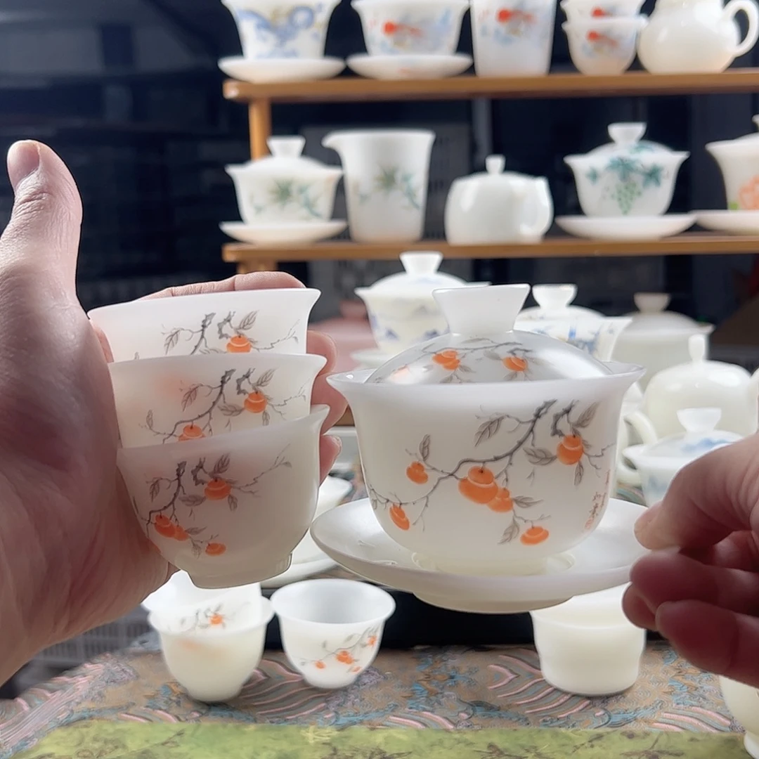 素烧璞玉元宝盖碗满容150ml+3个反口杯60ml-事事如意